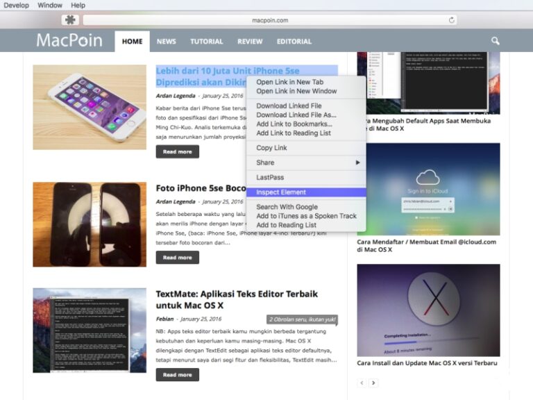 Cara Memunculkan Inspect Element (View Page Source) di Safari